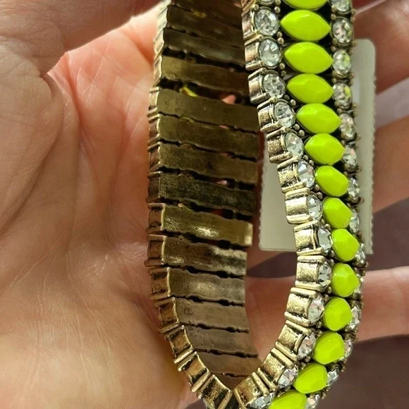JCREW NWT rhinestone brass neon yellow stretch bracelet prom - Picture 14 of 14